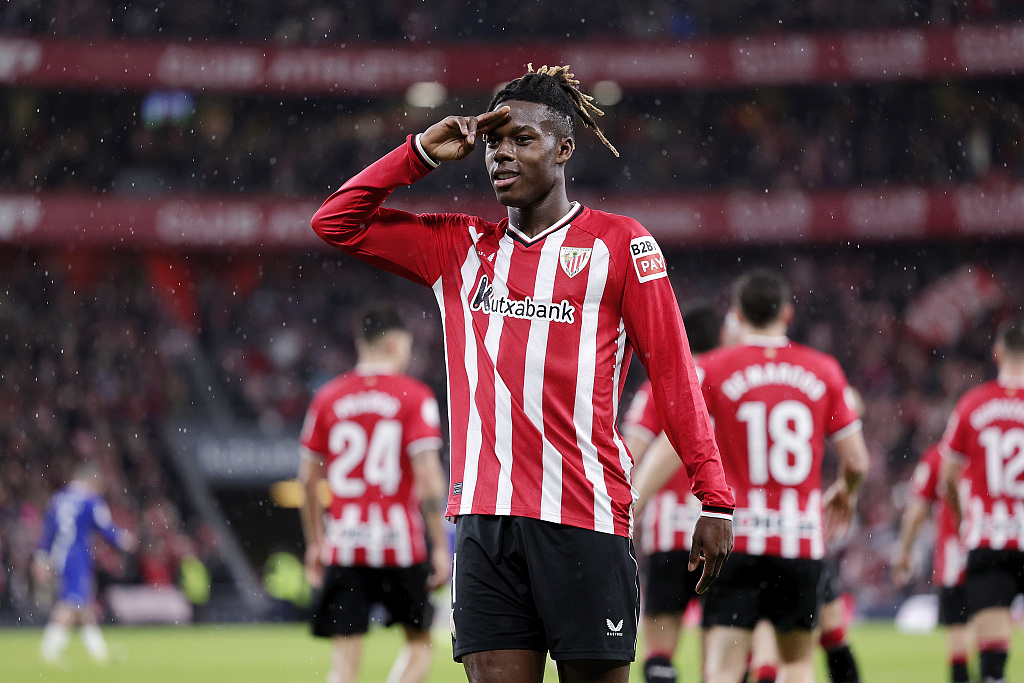 Nico Williams of Athletic Bilbao during their Copa del Rey win over Atletico Madrid at the San Mames stadium in Bilbao, Spain, February 29, 2024. /CFP
