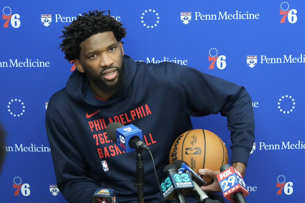 Joel Embiid of the Philadelphia 76ers attends the press conference in Camden, New Jersey, February 29, 2024. /CFP