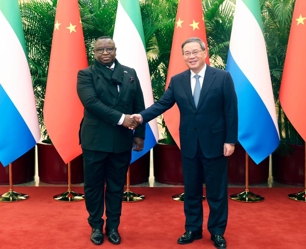 Chinese Premier Li Qiang meets with the visiting President of the Republic of Sierra Leone Julius Maada Bio at the Great Hall of the People in Beijing, capital of China, February 28, 2024. /Xinhua