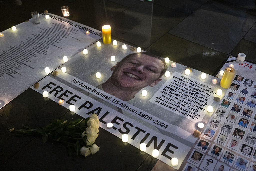 People gather at Trafalgar Square to collectively mourn the U.S. airman Aaron Bushnell, 25, an active-duty member of the U.S. Air Force, who died after setting himself ablaze in protest of Israel's ongoing war in Gaza on February 29, 2024,