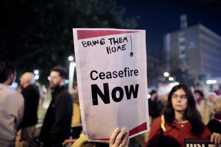 People attend a protest rally against the war in Gaza and call for a ceasefire, in Tel Aviv, Israel, February 24, 2024. /Xinhua