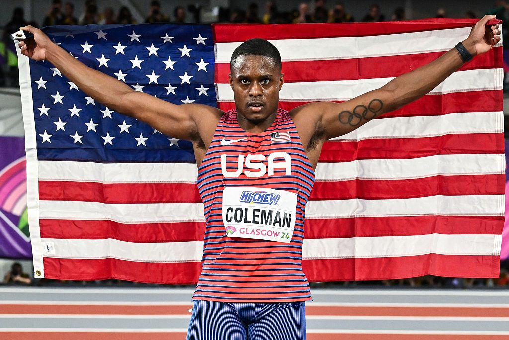 Christian Coleman of the U.S. celebrates after winning the men's 60-meter gold medal at the World Athletics Indoor Championships in Glasgow, Scottland, March 1, 2024. /CFP