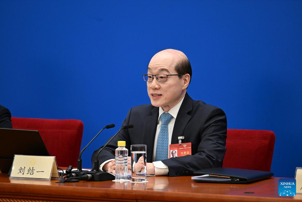 Liu Jieyi, spokesperson for the second session of the 14th CPPCC National Committee, attends a press conference at the Great Hall of the People in Beijing, China, March 3, 2024. /Xinhua