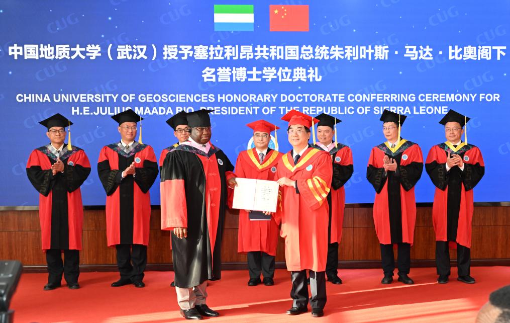 Sierra Leonean President Julius Maada Bio is awarded an honorary doctorate degree by the China University of Geosciences (Wuhan), Wuhan City, central China's Hubei Province, March 2, 2024.  /Xinhua