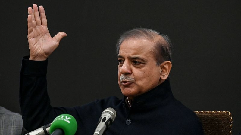 Shehbaz Sharif speaks during a press conference in Lahore, Pakistan, February 13, 2024. /CFP