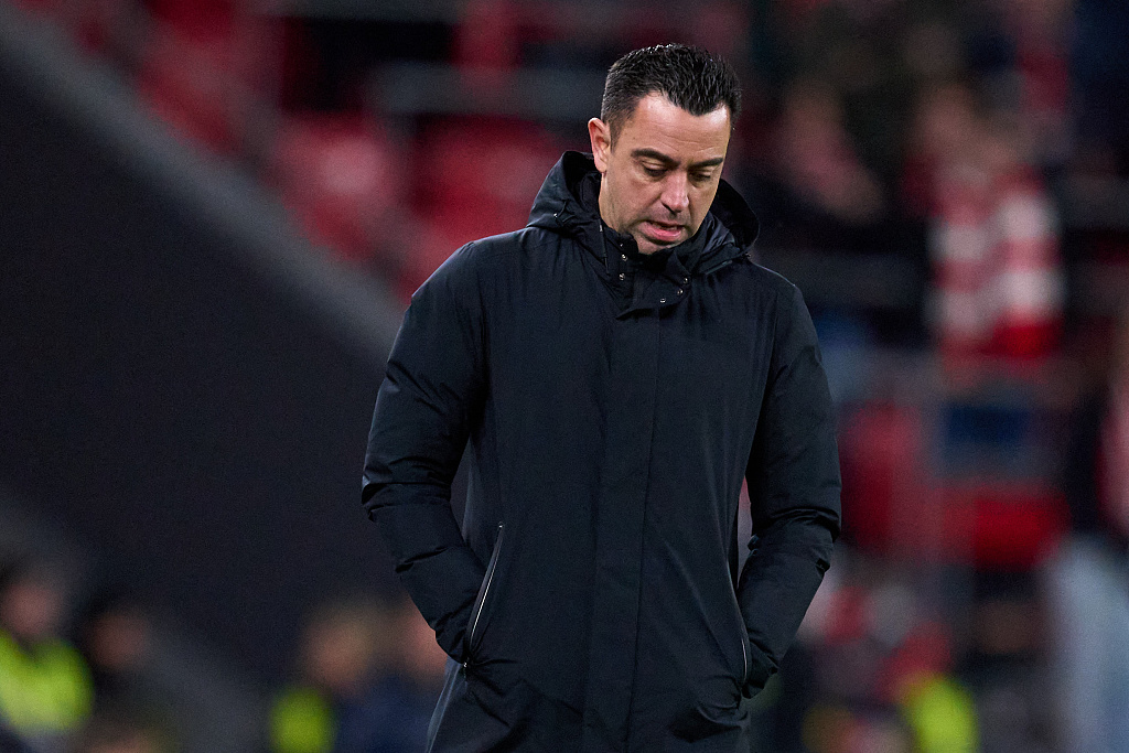 Xavi Hernandez, manager of Barcelona, looks on during the La Liga game against Athletic Bilbao at San Mames in Bilbao, Spain, March 3, 2024. /CFP