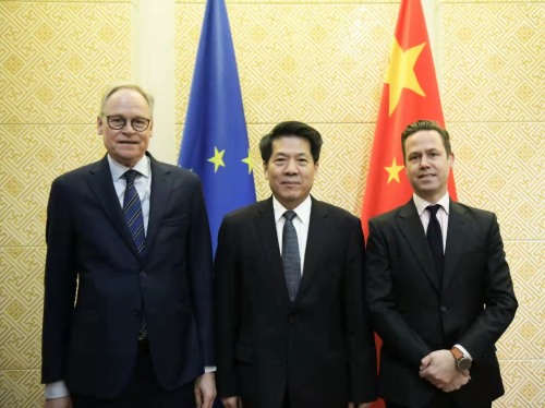 Li Hui (C), special representative of the Chinese Government on Eurasian Affairs, meets with Niclas Kvarnström (R), managing director for Asia and the Pacific of European External Action Service (EEAS), and Michael Siebert, EEAS managing director for Russia, Eastern partnership, Central Asia, Regional cooperation and OSCE in Brussels, March 4, 2024. /China's Foreign Ministry
