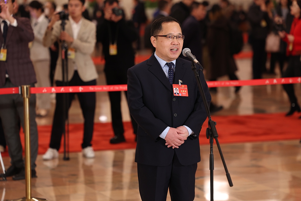 He Yuling, a deputy to China's 14th National People's Congress (NPC), speaks at the Deputies' Corridor, Beijing, China, March 5, 2024. /CFP