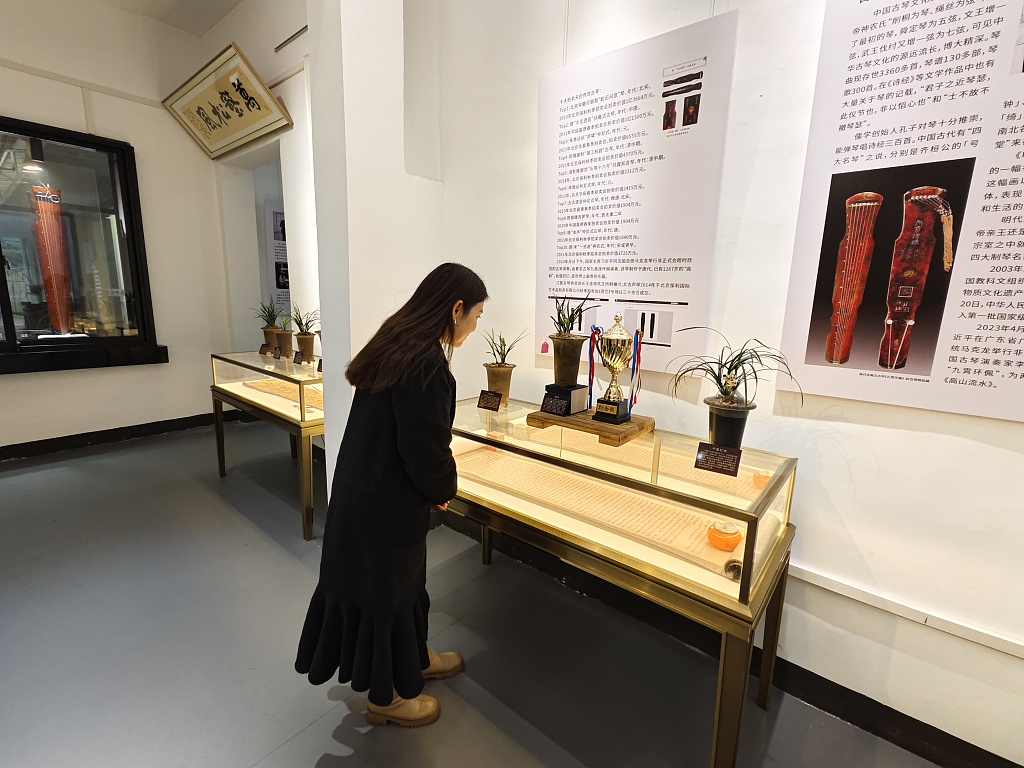 A visitor appreciates the exhibits at the Jiangxia Guqin Museum in Wuhan's Jiangxia District, on March 4, 2024. /CFP