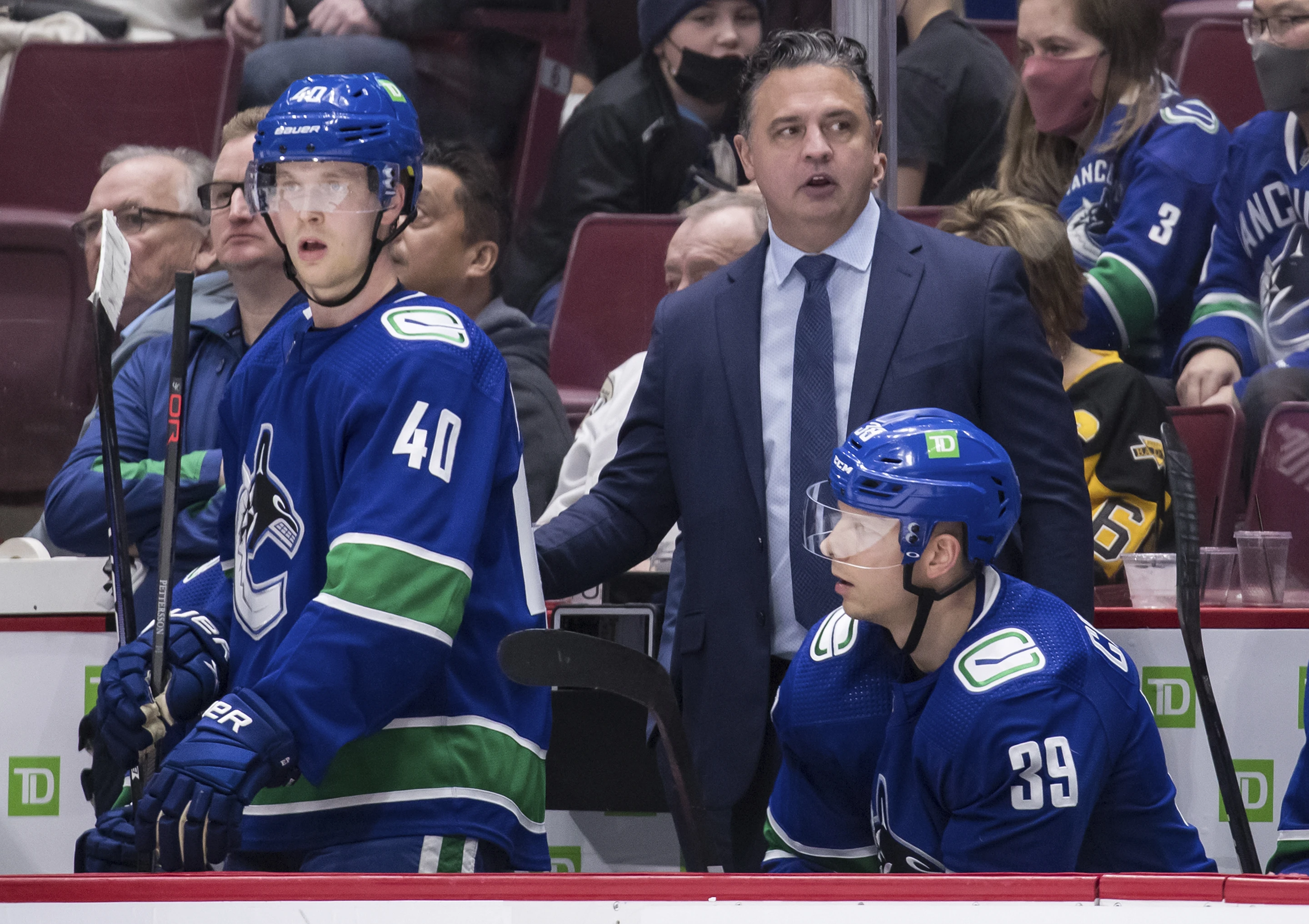 Travis Green (R), associate coach of the New Jersey Devils and former head coach of the Vancouver Canucks, will be the head coach of the Devils until the end of the 2023-24 season, March 4, 2024. /AP
