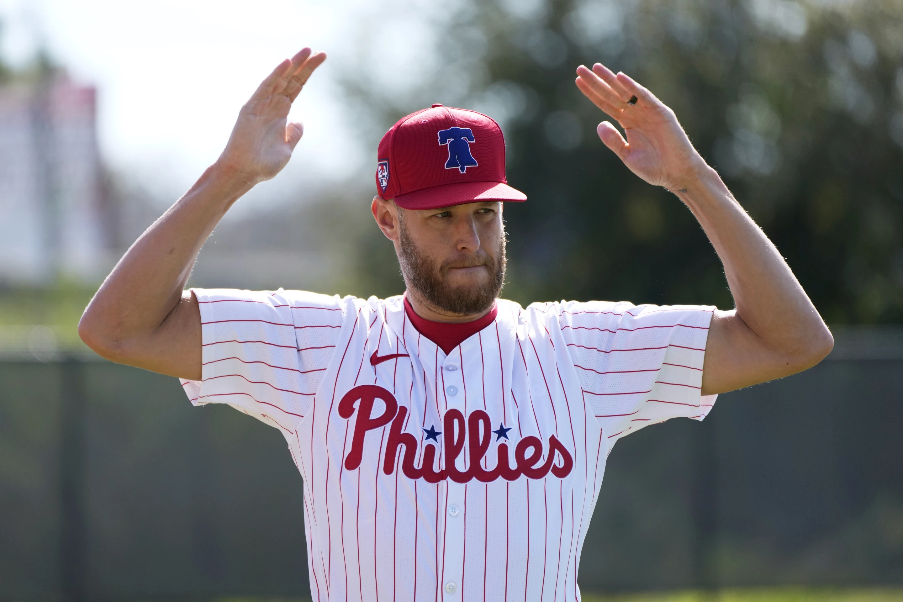 Zack Wheeler of the Philadelphia Phillies looks on during a spring training workout in Clearwater, Florida, February 14, 2024. /AP