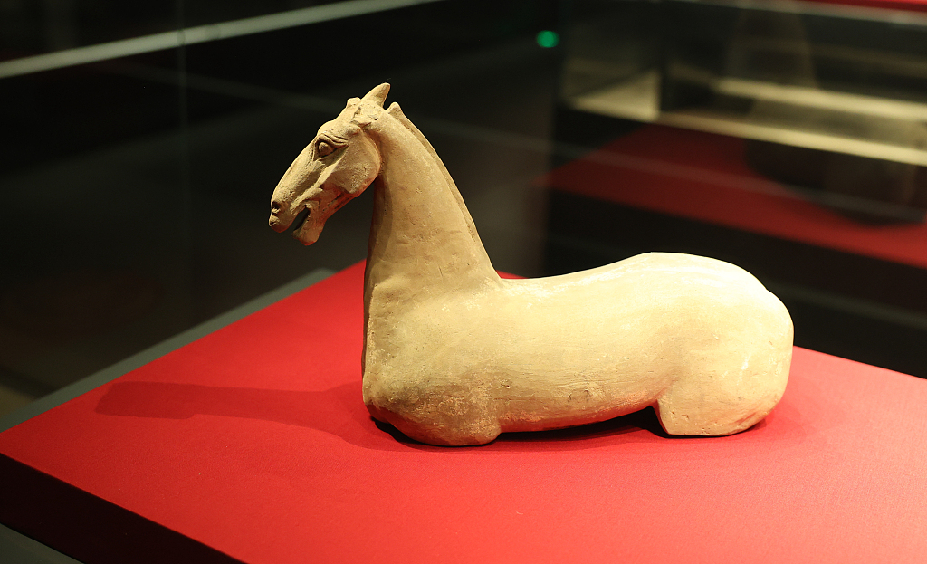 A horse figurine relic, unearthed in Xuzhou, is on display at Zhangzhou Museum in Fujian Province, March 3, 2024. /CFP