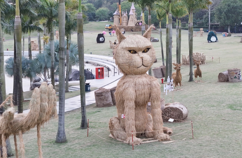 a cat-shaped straw artwork is on display in Nanning, Guangxi, March 4, 2024. /IC