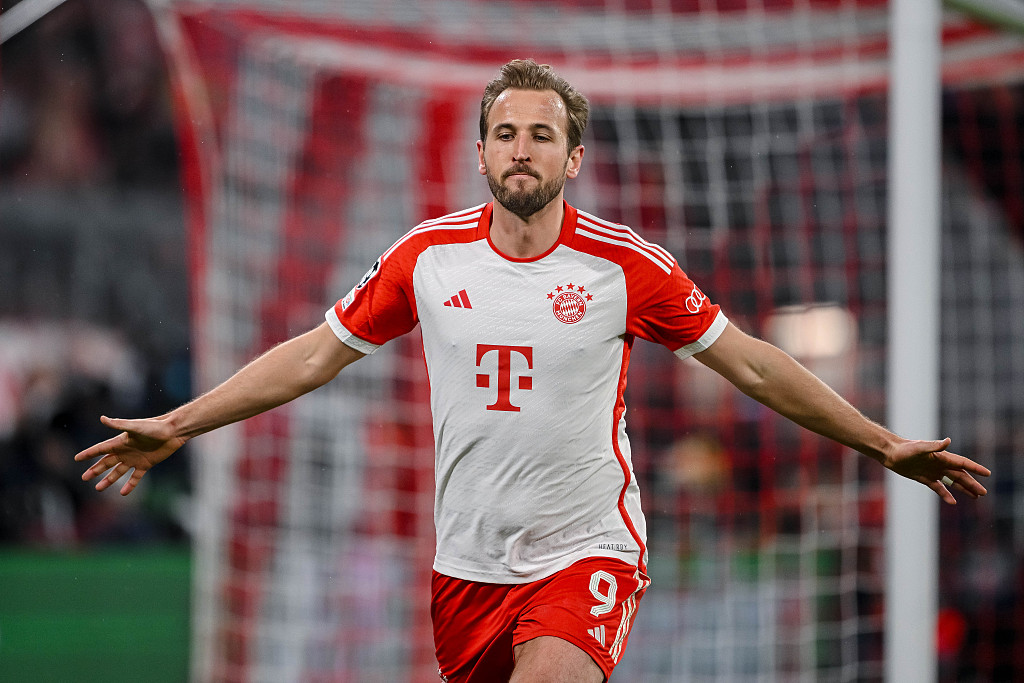 Harry Kane of Bayern Munich celebrates after scoring his team's third goal during their clash with Lazio at Allianz Arena in Munich, Germany, March 5, 2024. /CFP