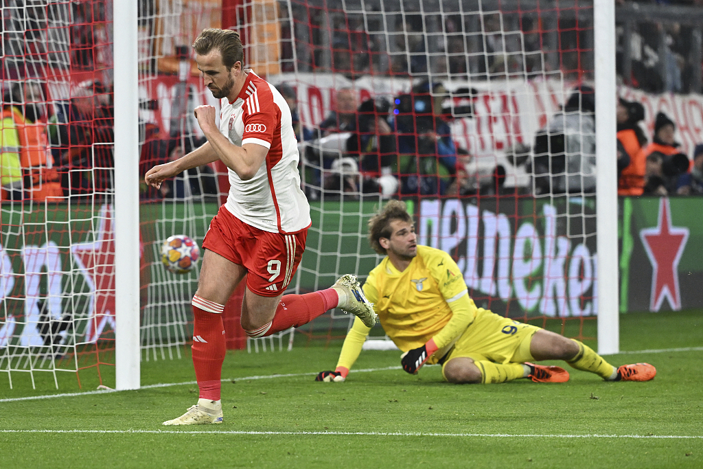 Bayern Munich's Harry Kane reacts after scoring his side's first goal during their clash with Lazio at Allianz Arena in Munich, Germany, March 5, 2024. /CFP