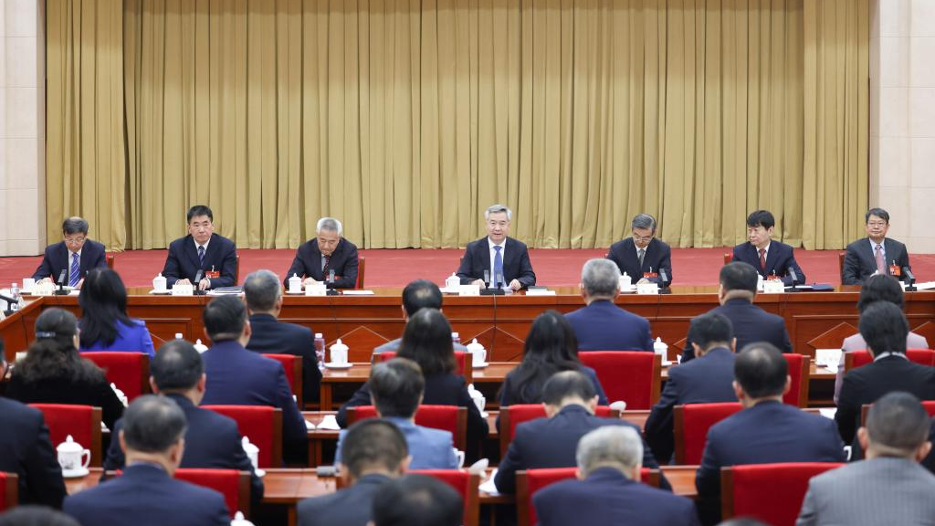 Li Xi, a member of the Standing Committee of the Political Bureau of the Communist Party of China Central Committee and secretary of the CPC Central Commission for Discipline Inspection, attends a joint group meeting of political advisors from the Jiu San Society and the group of personages without party affiliation at the second session of the 14th National Committee of the Chinese People's Political Consultative Conference in Beijing, capital of China, March 6, 2024. /Xinhua