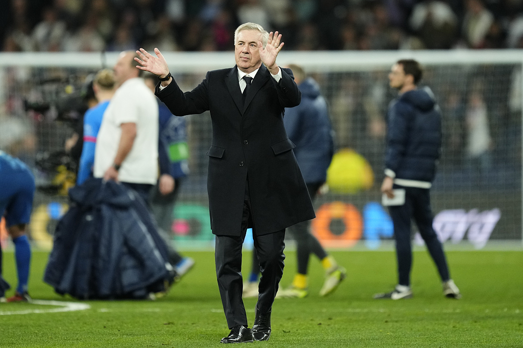 Real Madrid head coach Carlo Ancelotti reacts after their Champions League clash with Leipzig at the Santiago Bernabeu stadium in Madrid, Spain, March 6, 2024.  /CFP