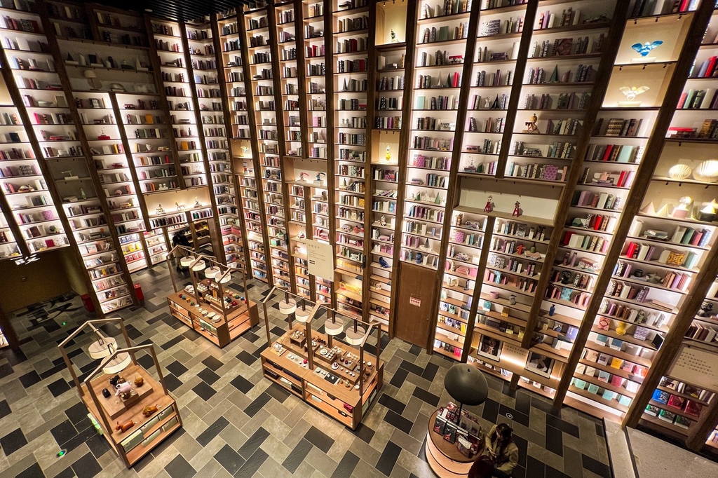 Towering bookcases line the walls of the Village Book Store in Zhengzhou, Henan Province, March 6, 2024. /IC
