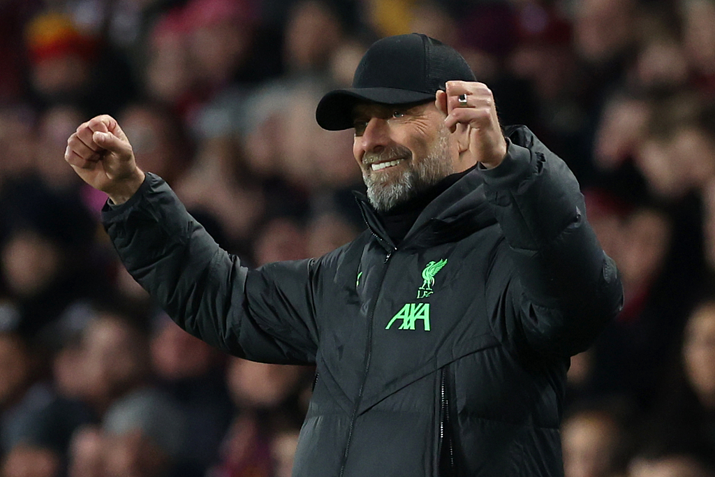 Liverpool manager Jurgen Klopp reacts after their win over Sparta Praha at the Epet Arena in Prague, Czech Republic, March 7, 2024. /CFP