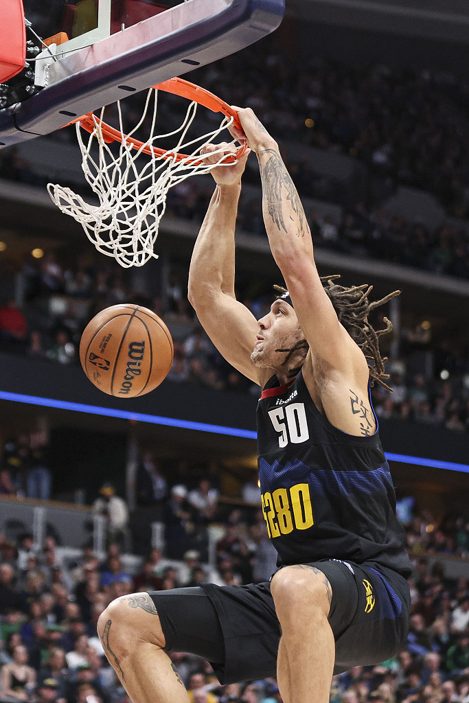 Aaron Gordon of the Denver Nuggets dunks in the game against the Boston Celtics at Ball Arena in Denver, Colorado, March 7, 2024. /CFP