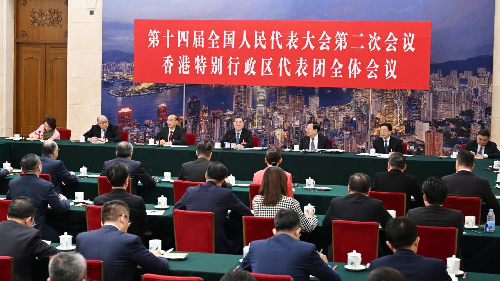 Ding Xuexiang, a member of the Standing Committee of the Political Bureau of the Communist Party of China Central Committee and Chinese vice premier, joins the deliberation with deputies from the delegation of the Hong Kong Special Administrative Region at the second session of the 14th National People's Congress in Beijing, capital of China, March 7, 2024. /Xinhua