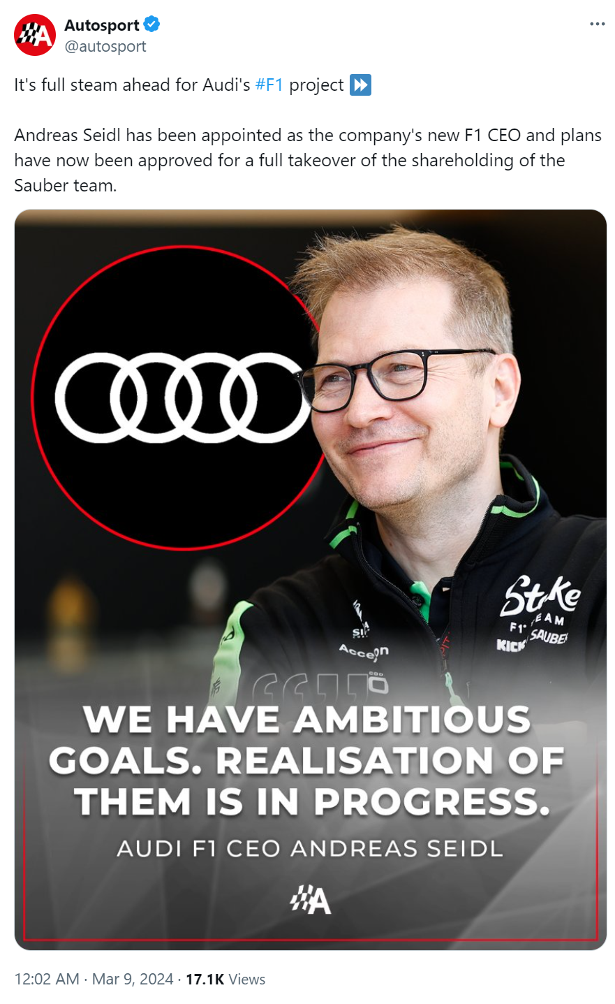 Autosport's tweet on March 9 about Andreas Seidl. /@autosport