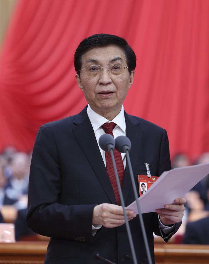 Wang Huning, chairman of the 14th National Committee of the Chinese People's Political Consultative Conference (CPPCC), delivers a speech at the closing meeting of the second session of the 14th CPPCC National Committee in Beijing, China, March 10, 2024. /Xinhua