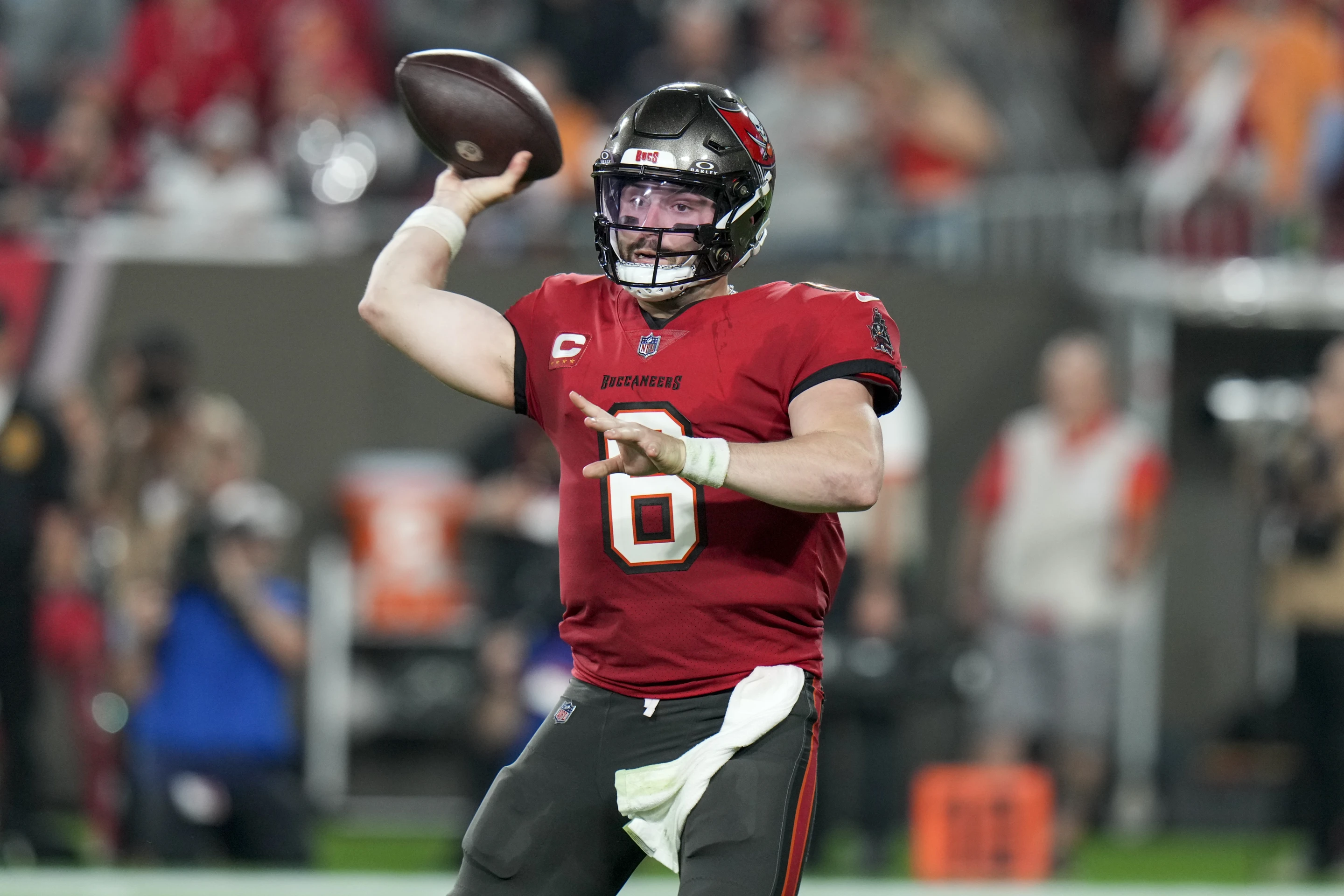 Quarterback Baker Mayfield of the Tampa Bay Buccaneers passes in the National Football Conference Wild Card Game against the Philadelphia Eagles at Raymond James Stadium in Tampa, Florida, January 15, 2024. /AP