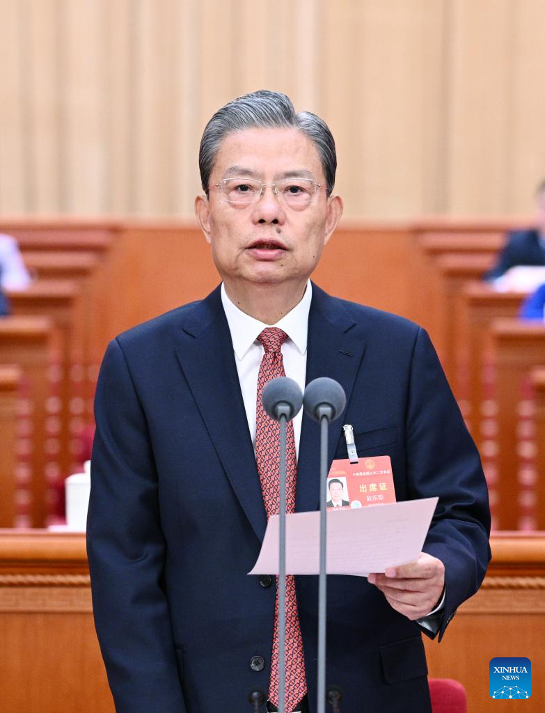 Zhao Leji, chairman of the NPC Standing Committee, presides over the closing meeting of the second session of the 14th National People's Congress NPC at the Great Hall of the People in Beijing, capital of China, March 11, 2024. /Xinhua