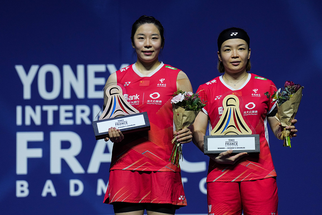 Chen Qingchen (R) and Jia Yifan of China after winning the women's doubles final of the French Open at Adidas Arena in Paris, France, March 10, 2024. /CFP