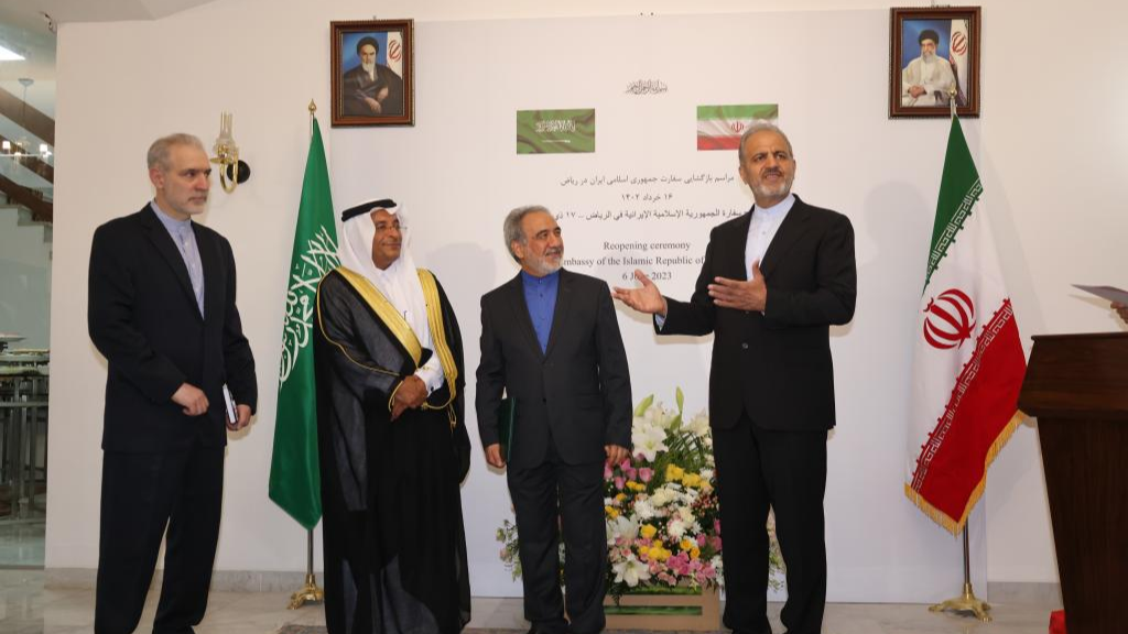 Iranian Deputy Foreign Minister Alireza Bigdeli (R) speaks at the opening ceremony of the Iranian embassy in Riyadh, Saudi Arabia, June 6, 2023. /Xinhua