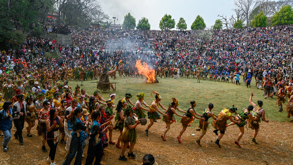 A photo taken on March 12, 2024 shows the grand Axi Fire Worship Festival held in Mile, Honghe Hani and Yi Autonomous Prefecture, Yunnan Province, China. /CFP