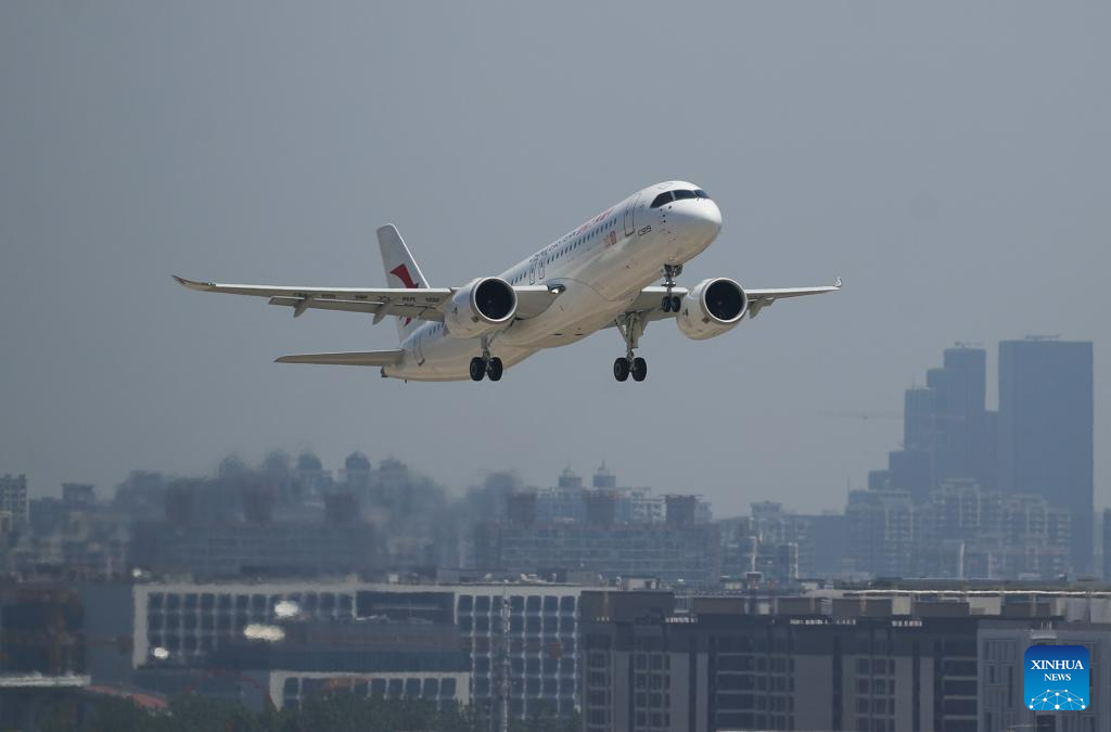 A C919 large passenger aircraft, China's first self-developed trunk jetliner, takes off from Shanghai Hongqiao International Airport in east China's Shanghai, May 28, 2023. /Xinhua
