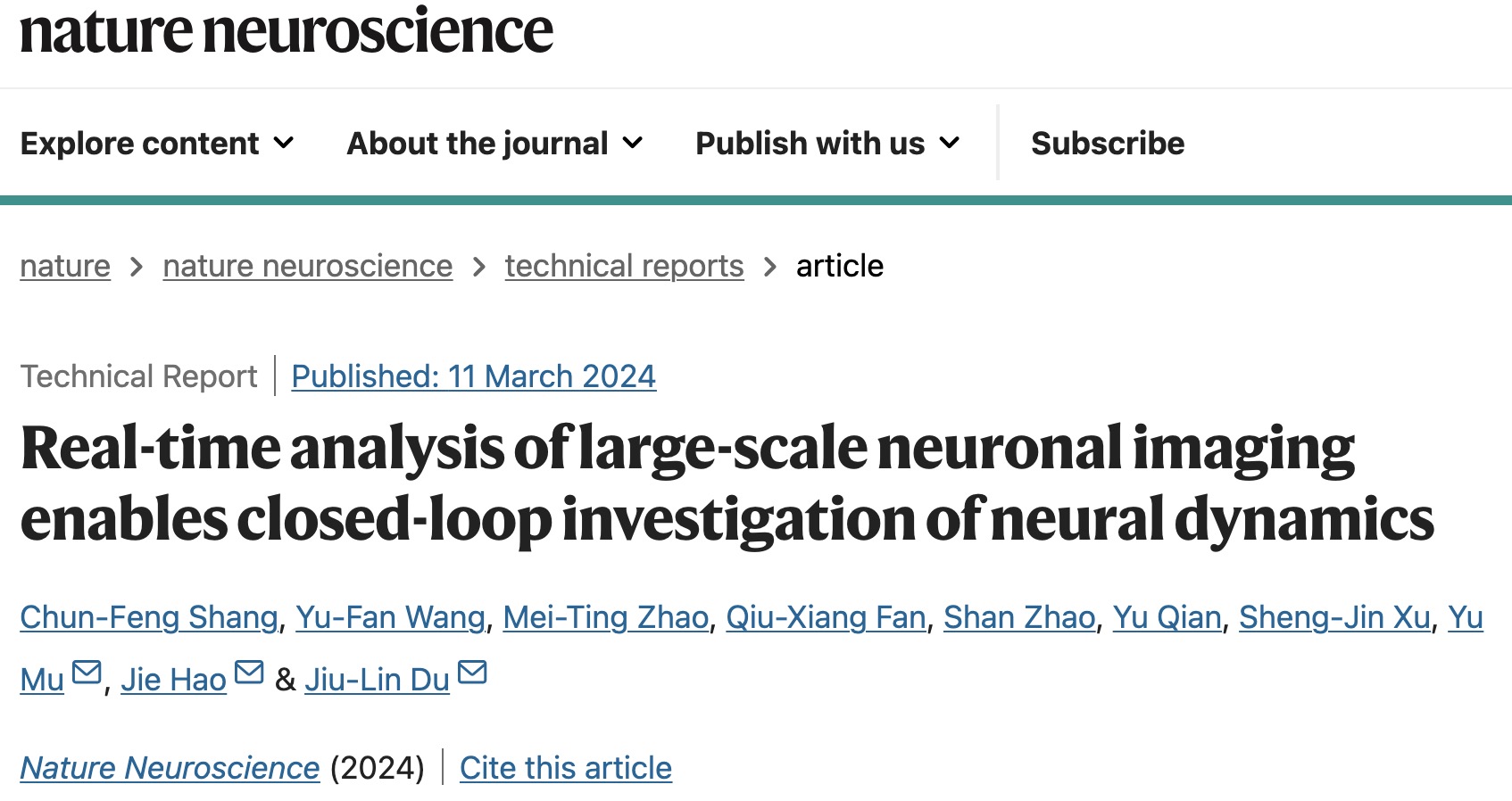 A screenshot of the study published in the journal Nature Neuroscience, March 11, 2024. 