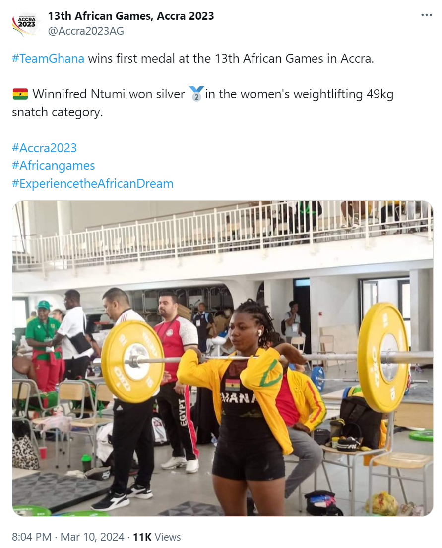 A screenshot of the 13th African Games, Accra 2023's tweet on March 10 announcing Team Ghana's first medal at the games. /@Accra2023AG