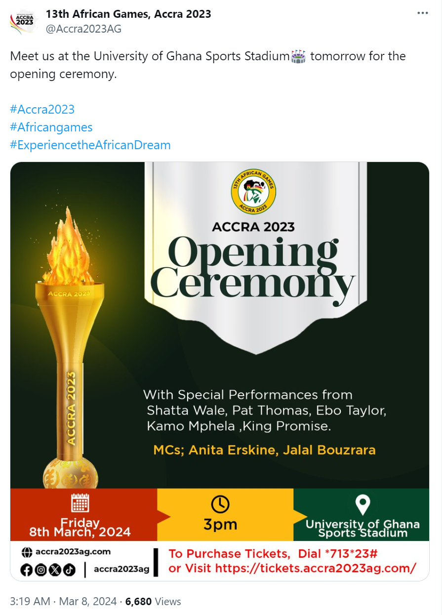 A screenshot of the 13th African Games, Accra 2023's tweet on March 8 about the opening ceremony. /@Accra2023AG