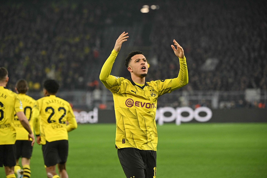 Dortmund's Jadon Sancho celebrates after scoring the opening goal during their clash with PSV Eindhoven at the Signal Iduna stadium in Dortmund, Germany, March 13, 2024. /CFP