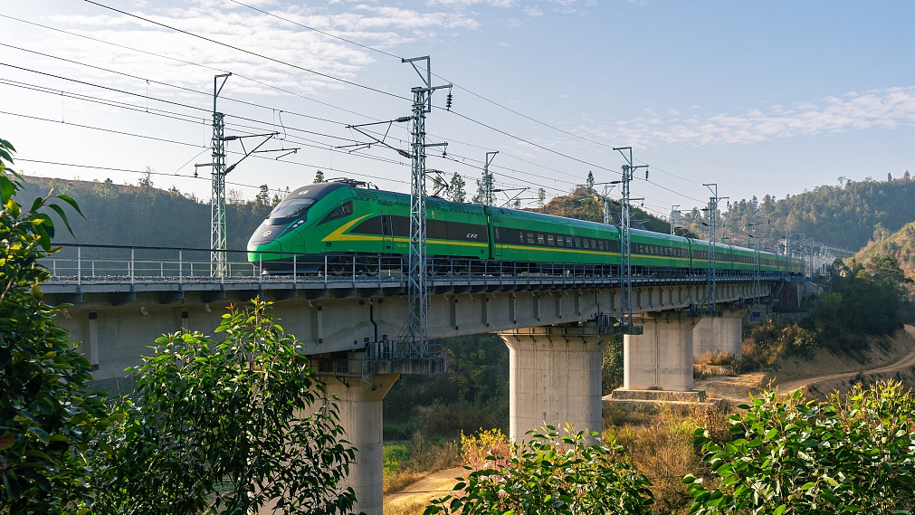 A train runs along the China-Laos Railway line in southwest China's Yunnan Province. /CFP