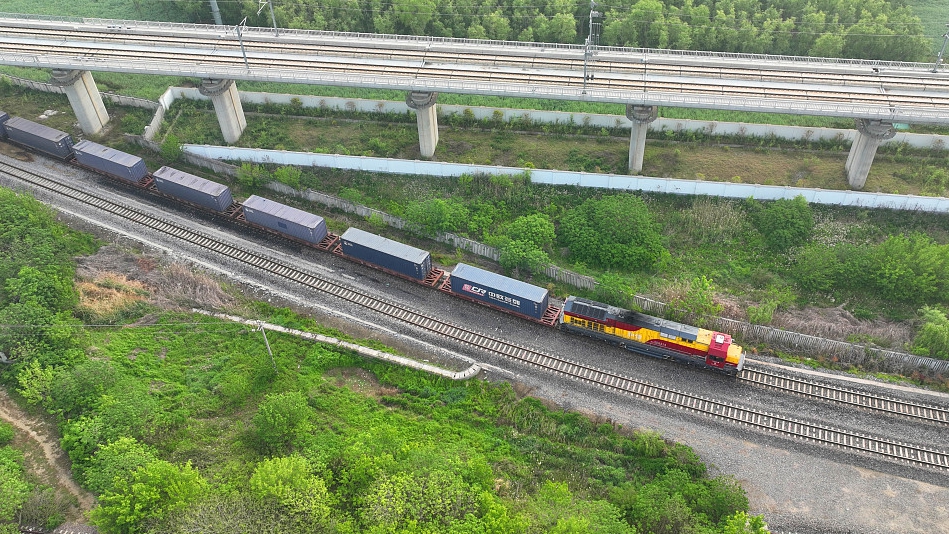 A train runs along the China-Laos Railway line in east China's Jiangsu Province. /CFP
