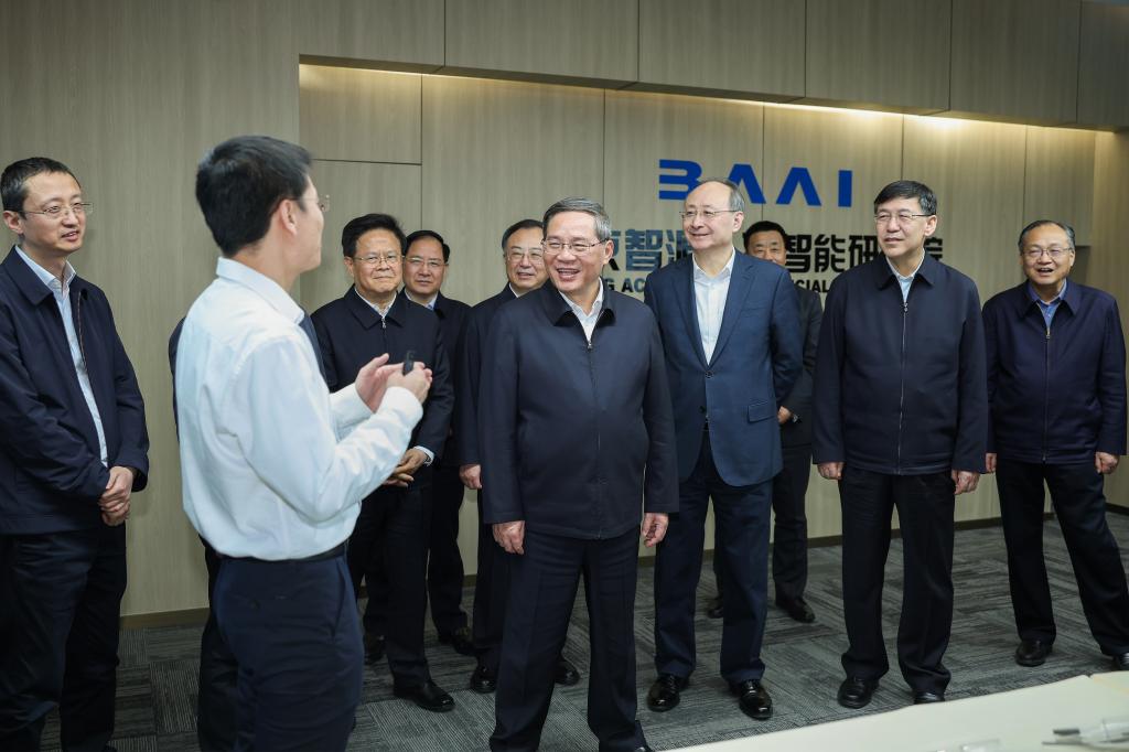 Chinese Premier Li Qiang, also a member of the Standing Committee of the Political Bureau of the Communist Party of China Central Committee, visits the Beijing Academy of Artificial Intelligence during an inspection tour in Beijing, China, March 13, 2024. /Xinhua