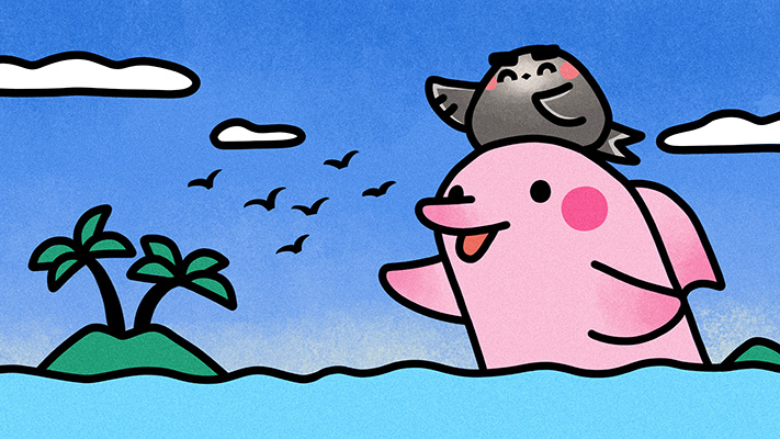 CGTN stickers of a swallow and its dolphin friend