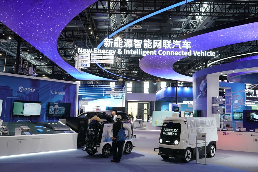New energy and intelligent connected vehicles displayed at the exhibition center of Zhongguancun National Independent Innovation Demonstration Zone in Beijing, China, May 26, 2023. /Xinhua