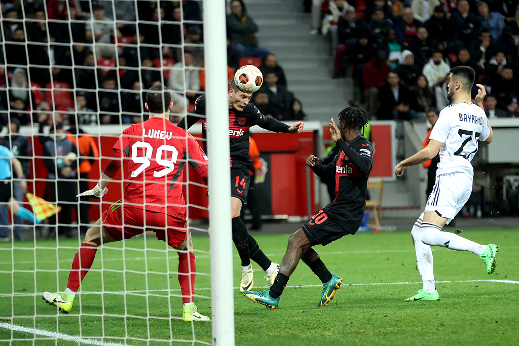 Patrik Schick of Bayer Leverkusen heads his team's third goal during their clash with Qarabag FK at BayArena in Leverkusen, Germany, March 14, 2024. /CFP