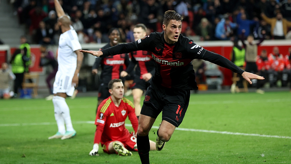 Patrik Schick of Bayer Leverkusen celebrates scoring his team's second goal during their clash with Qarabag FK at BayArena in Leverkusen, Germany, March 14, 2024. /CFP