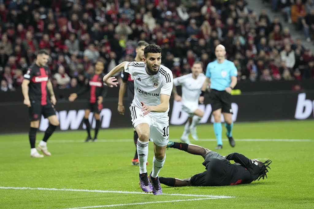 Qarabag's Abdellah Zoubir reacts after scoring during their clash with Bayer Leverkusen at BayArena in Leverkusen, Germany, March 14, 2024. /CFP