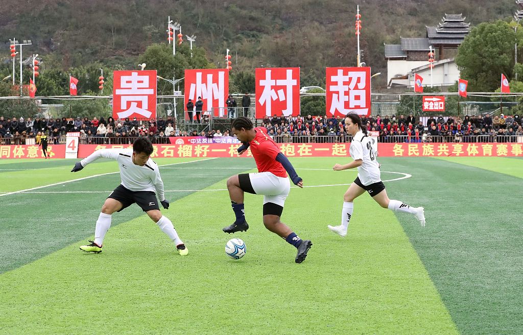 Footballers in action during a friendly match between China and France in the Village Super League in Rongjiang, China, February 26, 2024. /CFP