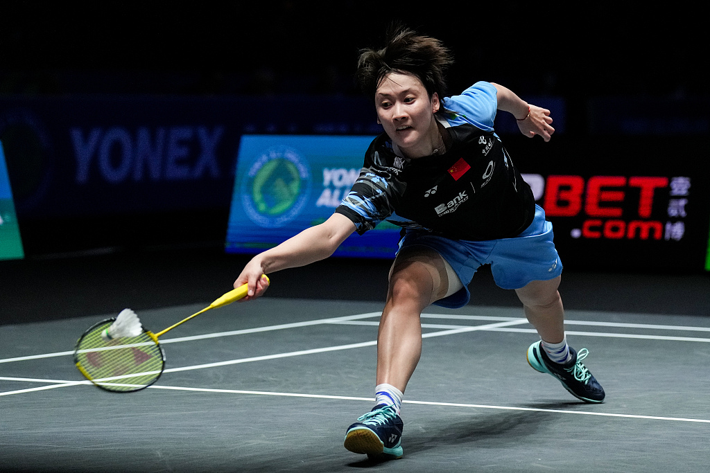 Chen Yufei of China saves a point during the All England Open Badminton Championships in Birmingham, England, March 15, 2024. /CFP