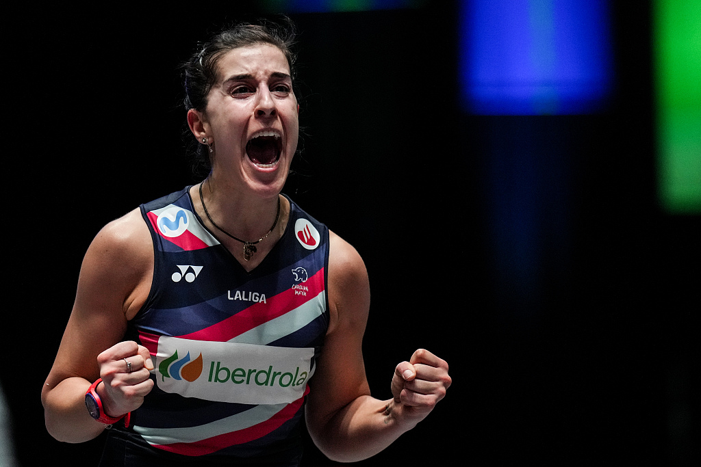 Carolina Marin of Spain celebrates her victory after defeating Chen Yufei of China (not pictured) during the All England Open Badminton Championships in Birmingham, England, March 15, 2024. /CFP
