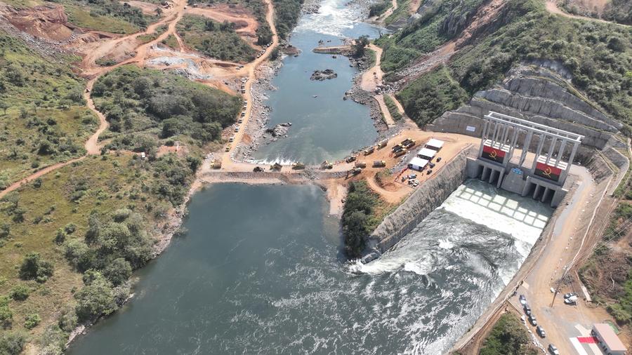 This aerial photo taken on May 20, 2023 shows a ceremony for the temporary diversion of the Cuanza River at the site of the Chinese-built Caculo-Cabaca Hydropower Station in Cuanza Norte province, Angola. /Xinhua