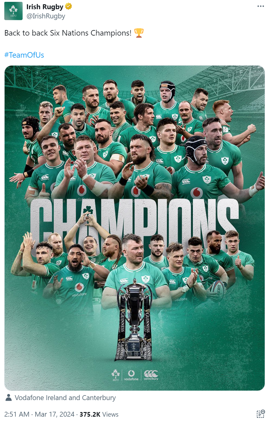 Irish Rugby's tweet on March 17 about Ireland's sixth championship in the Six Nations. /@IrishRugby